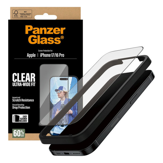 Szkło hartowane UWF z aplikatorem do iPhone 17/16 Pro, Czarne, PanzerGlass