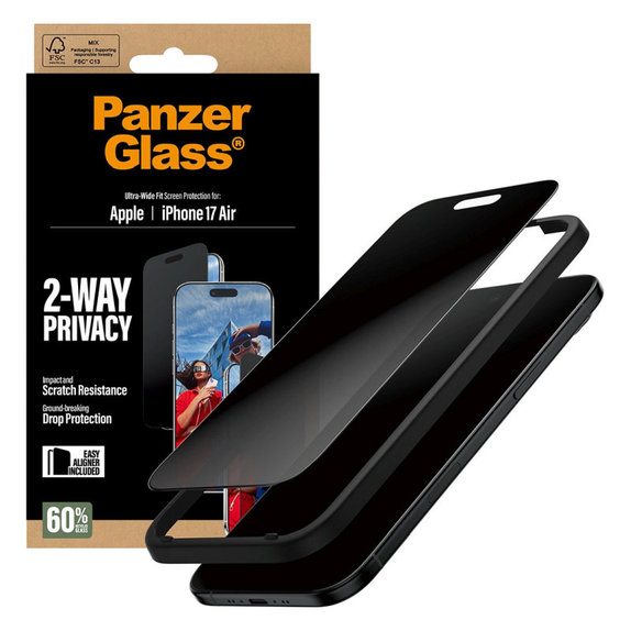 Szkło hartowane UWF 2-Way Privacy z aplikatorem do iPhone Air, Czarne, PanzerGlass