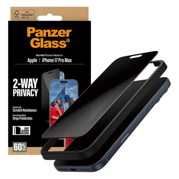 Szkło hartowane UWF 2-Way Privacy z Fastfit do iPhone 17 Pro Max, Czarne, PanzerGlass