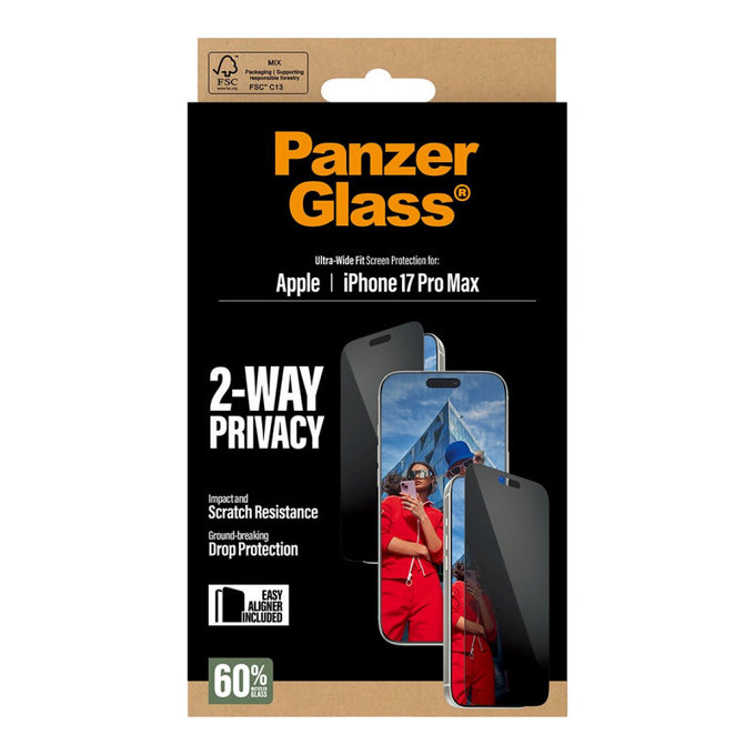 Szkło hartowane UWF 2-Way Privacy z Fastfit do iPhone 17 Pro Max, Czarne, PanzerGlass
