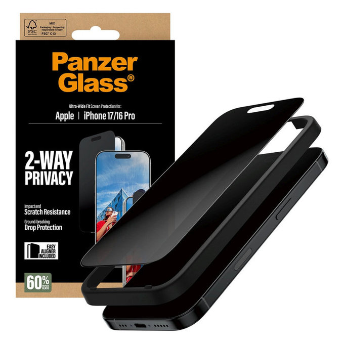 Szkło hartowane UWF 2-Way Privacy z Fastfit do iPhone 17/16 Pro, Czarne, PanzerGlass