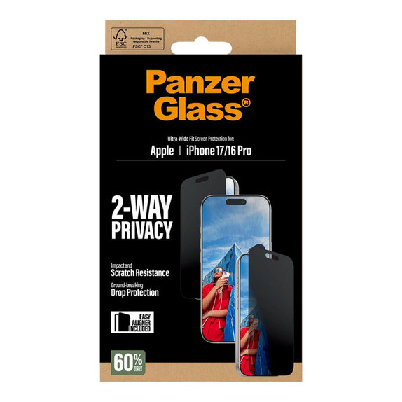 Szkło hartowane UWF 2-Way Privacy z Fastfit do iPhone 17/16 Pro, Czarne, PanzerGlass