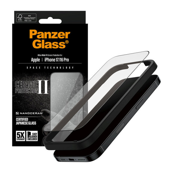Szkło hartowane UWF Ceramic II z Fastfit do iPhone 17/16 Pro, Czarne, PanzerGlass