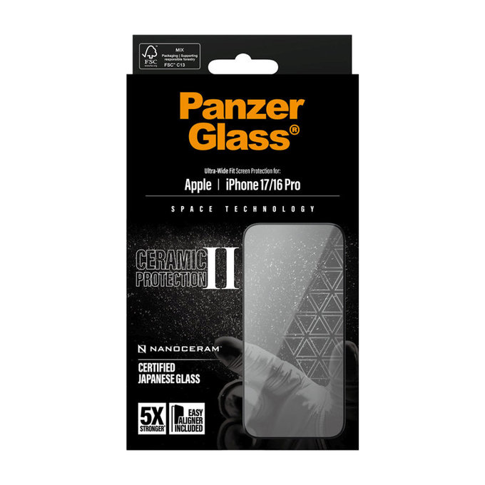 Szkło hartowane UWF Ceramic II z Fastfit do iPhone 17/16 Pro, Czarne, PanzerGlass