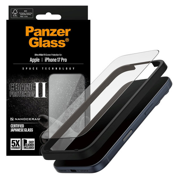 Szkło hartowane UWF Ceramic II z aplikatorem do iPhone 17 Pro, Czarne, PanzerGlass