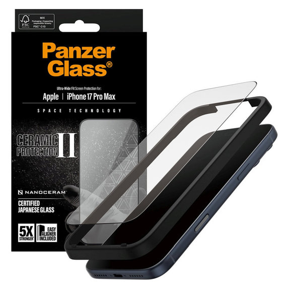 Szkło hartowane UWF Ceramic II z aplikatorem do iPhone 17 Pro Max, Czarne, PanzerGlass