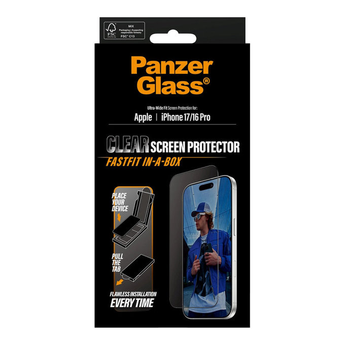 Szkło hartowane UWF z Fastfit do iPhone 17/16 Pro, Czarne, PanzerGlass
