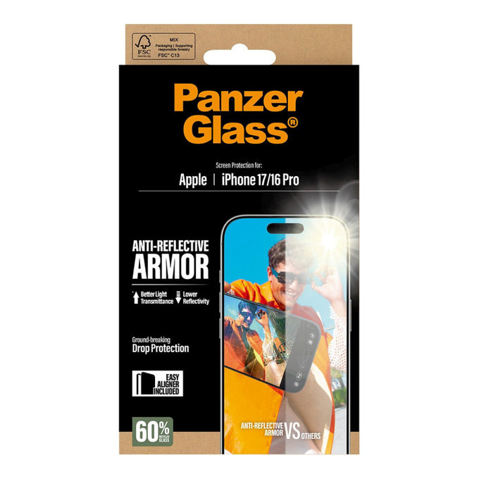 Szkło hartowane Anti-Reflective z aplikatorem do iPhone 17/16 Pro, Czarne, PanzerGlass