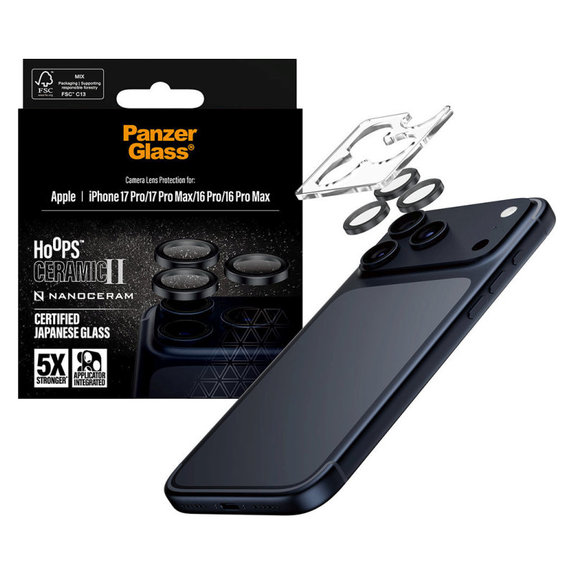 Pierścienie ochronne obiektywu kamery Hoops Ceramic II do iPhone 17 Pro Max/17 Pro/16 Pro Max/16 Pro, Czarny, PanzerGlass