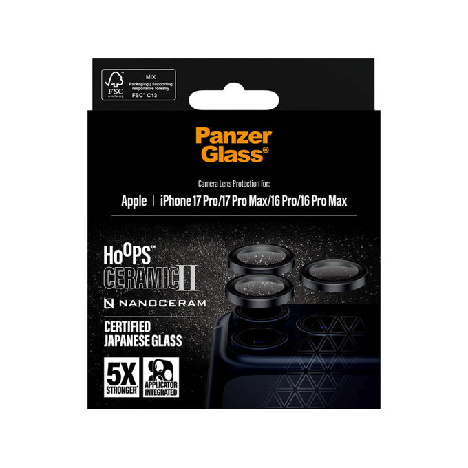 Pierścienie ochronne obiektywu kamery Hoops Ceramic II do iPhone 17 Pro Max/17 Pro/16 Pro Max/16 Pro, Czarny, PanzerGlass