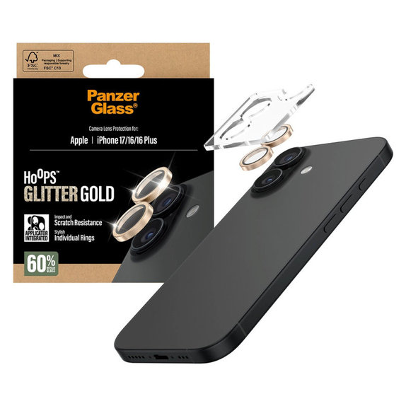 Osłona obiektywu aparatu Hoops do iPhone 17/16 Plus/16, Glitter Gold, PanzerGlass