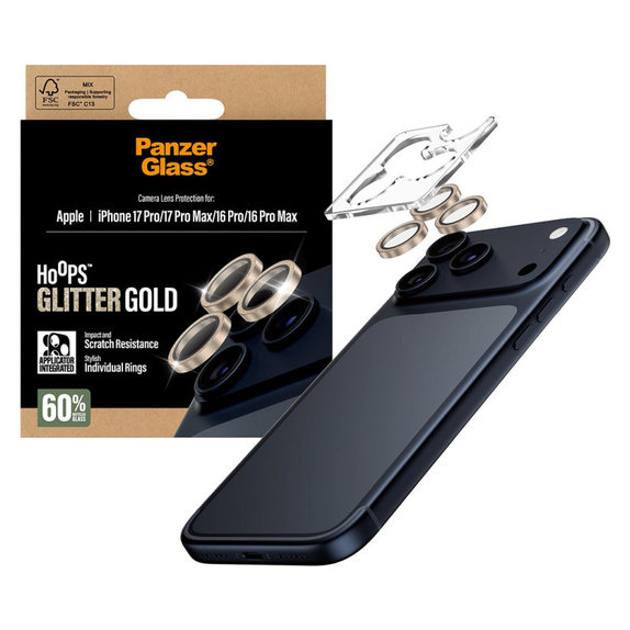 Osłona obiektywu aparatu Hoops do iPhone 17 Pro Max/17 Pro/16 Pro Max/16 Pro, Glitter Gold, PanzerGlass