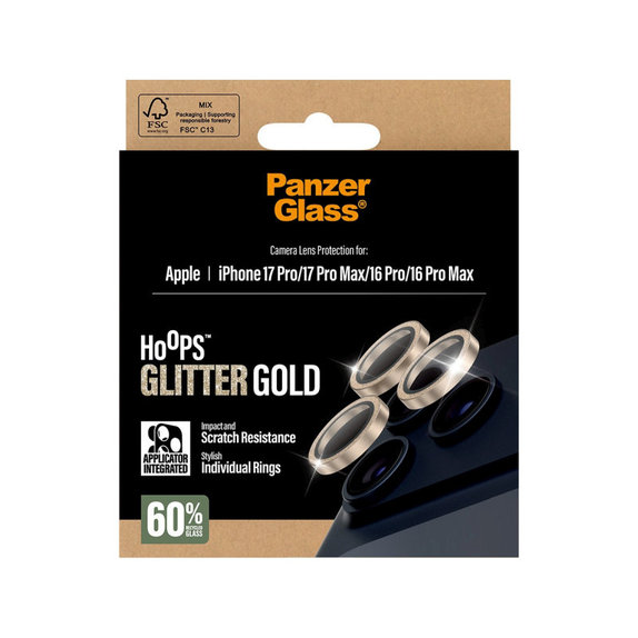 Osłona obiektywu aparatu Hoops do iPhone 17 Pro Max/17 Pro/16 Pro Max/16 Pro, Glitter Gold, PanzerGlass