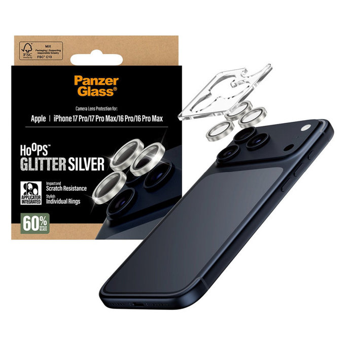Osłona obiektywu aparatu Hoops do iPhone 17 Pro Max/17 Pro/16 Pro Max/16 Pro, Glitter Silver, PanzerGlass