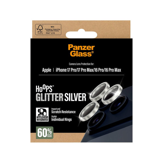 Osłona obiektywu aparatu Hoops do iPhone 17 Pro Max/17 Pro/16 Pro Max/16 Pro, Glitter Silver, PanzerGlass