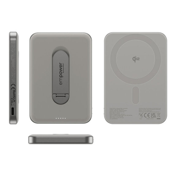 Bezprzewodowy PowerBank 5000 mAh, z obrotową podstawką 20 W, kompatybilny z MagSafe, Qi2/USB-C, Tytanowy, empower