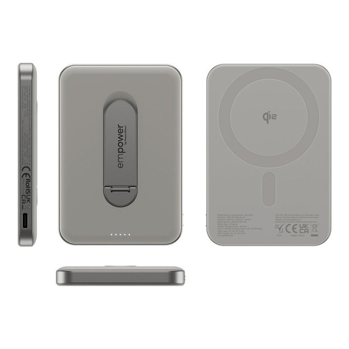 Bezprzewodowy PowerBank 5000 mAh, z obrotową podstawką 20 W, kompatybilny z MagSafe, Qi2/USB-C, Tytanowy, empower