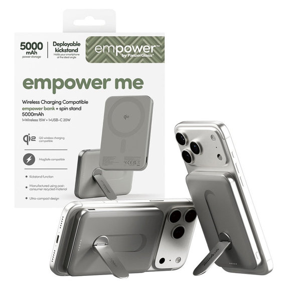 Bezprzewodowy PowerBank 5000 mAh, z obrotową podstawką 20 W, kompatybilny z MagSafe, Qi2/USB-C, Tytanowy, empower