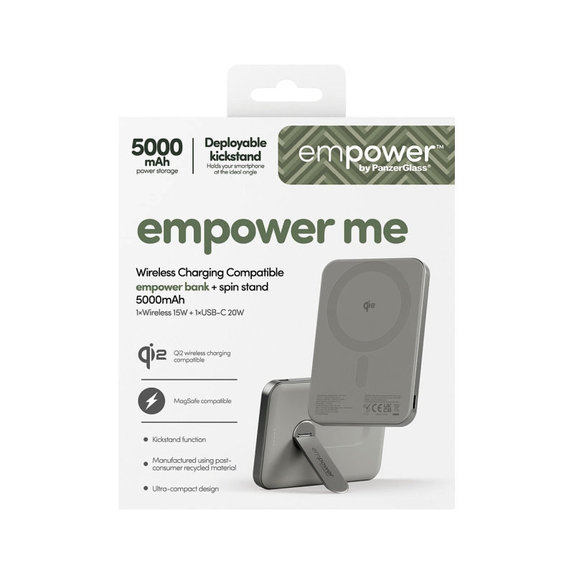 Bezprzewodowy PowerBank 5000 mAh, z obrotową podstawką 20 W, kompatybilny z MagSafe, Qi2/USB-C, Tytanowy, empower