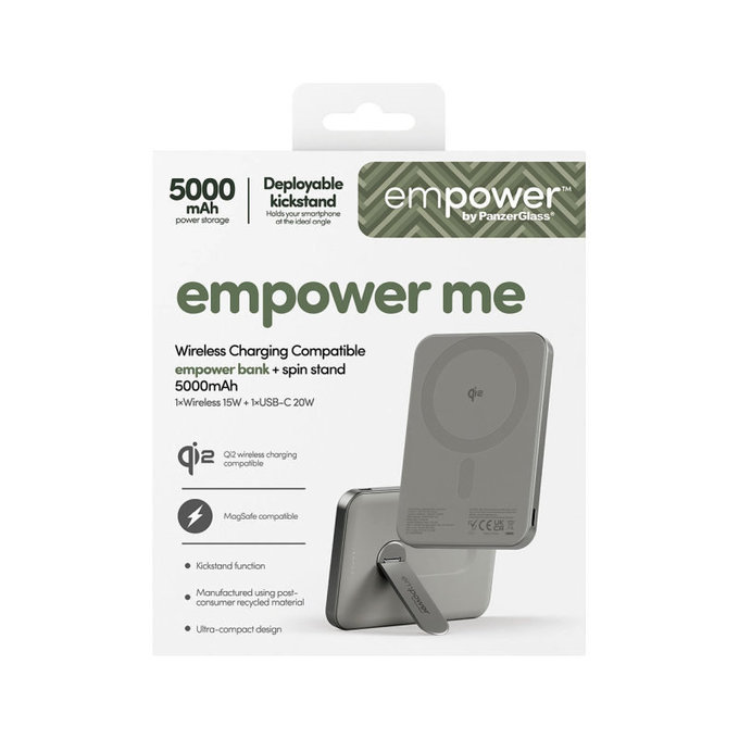 Bezprzewodowy PowerBank 5000 mAh, z obrotową podstawką 20 W, kompatybilny z MagSafe, Qi2/USB-C, Tytanowy, empower