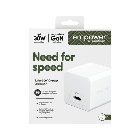 Adapter podróżny Grand Prix USB-C, GaN, 30 W PD, srebrno-biały, PanzerGlass