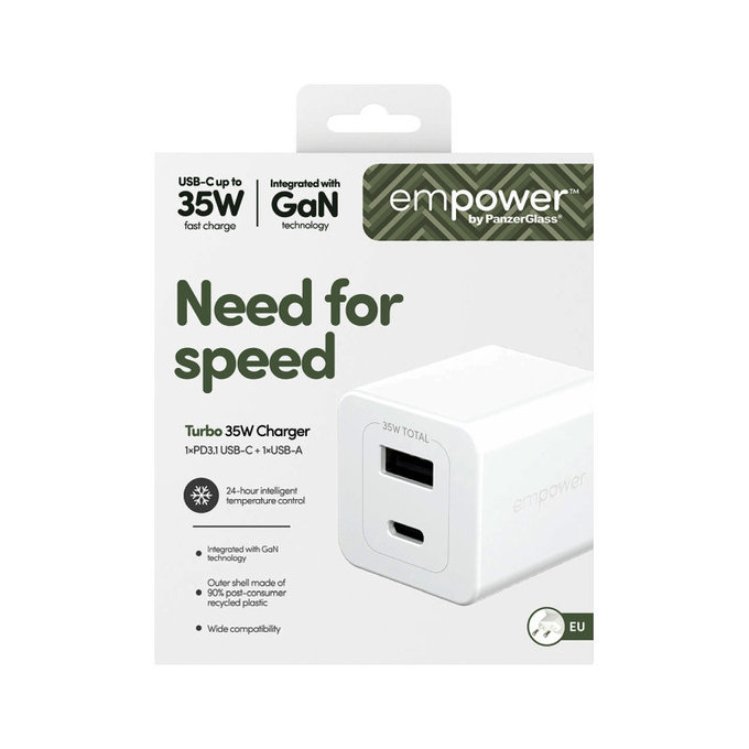 Adapter podróżny Grand Prix USB-C/USB-A, GaN, 35 W PD, srebrno-biały, PanzerGlass