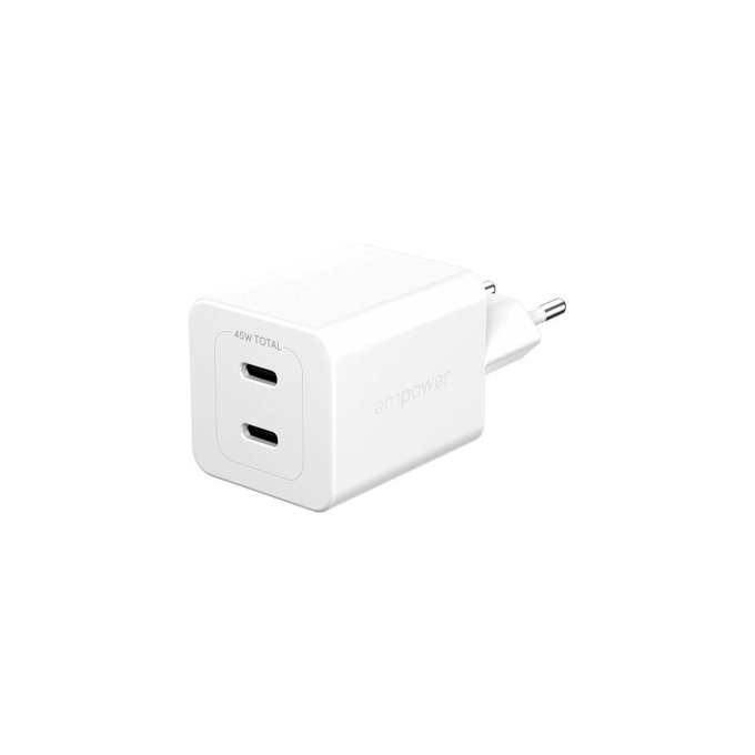Adapter podróżny Grand Prix 2x USB-C, GaN, 45 W PD, Srebrno-biały, PanzerGlass