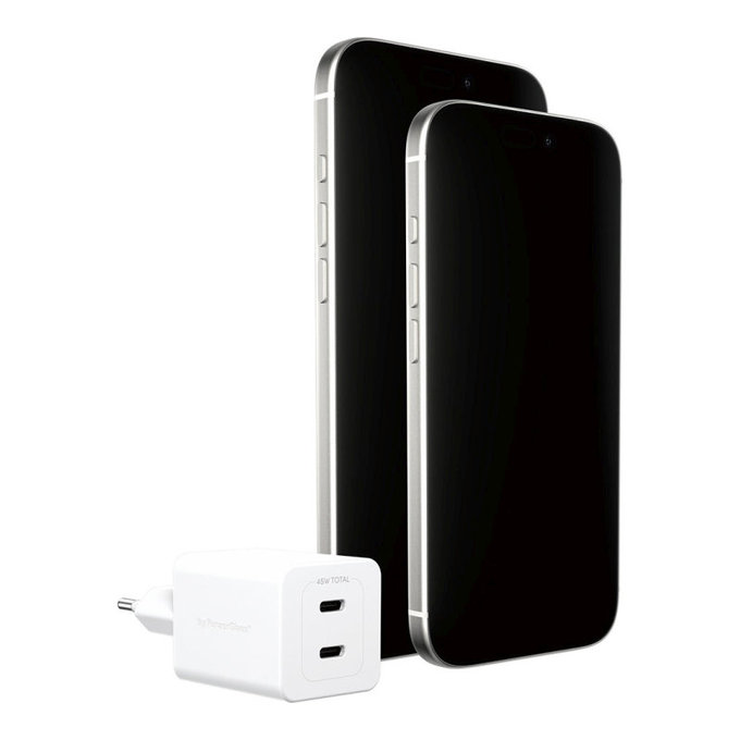 Adapter podróżny Grand Prix 2x USB-C, GaN, 45 W PD, Srebrno-biały, PanzerGlass