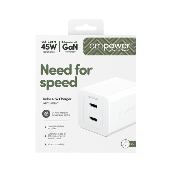 Adapter podróżny Grand Prix 2x USB-C, GaN, 45 W PD, Srebrno-biały, PanzerGlass