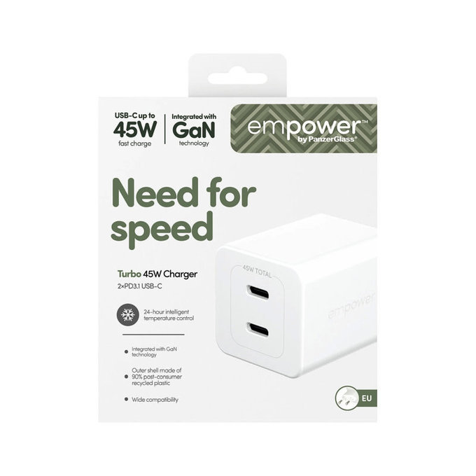 Adapter podróżny Grand Prix 2x USB-C, GaN, 45 W PD, Srebrno-biały, PanzerGlass