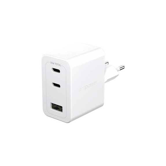 Adapter podróżny Grand Prix 2x USB-C/USB-A, GaN, 70 W PD, Srebrno-biały, PanzerGlass