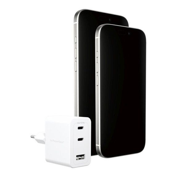 Adapter podróżny Grand Prix 2x USB-C/USB-A, GaN, 70 W PD, Srebrno-biały, PanzerGlass