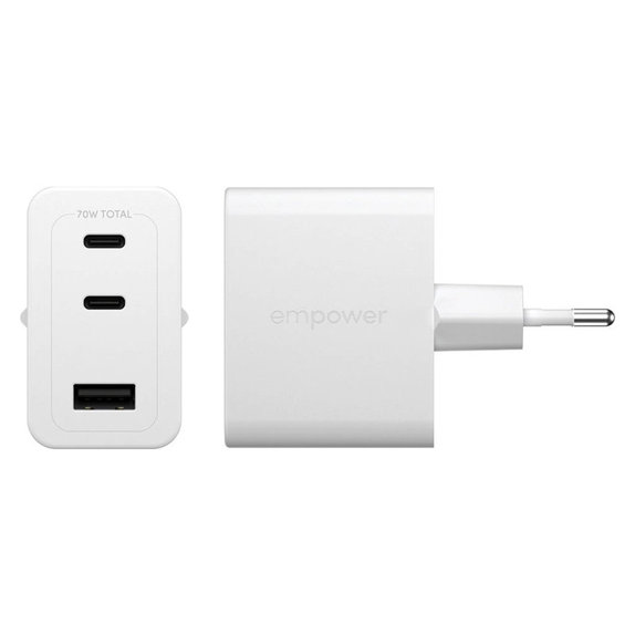 Adapter podróżny Grand Prix 2x USB-C/USB-A, GaN, 70 W PD, Srebrno-biały, PanzerGlass