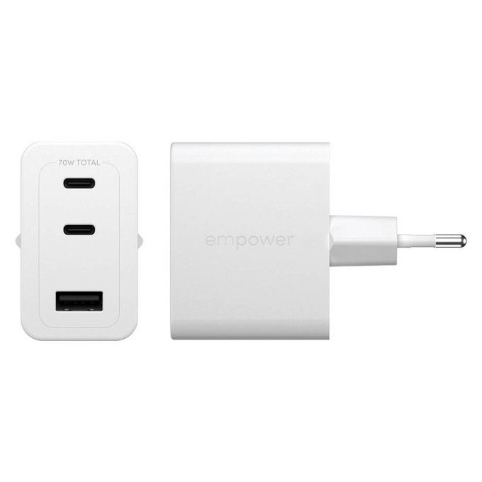 Adapter podróżny Grand Prix 2x USB-C/USB-A, GaN, 70 W PD, Srebrno-biały, PanzerGlass