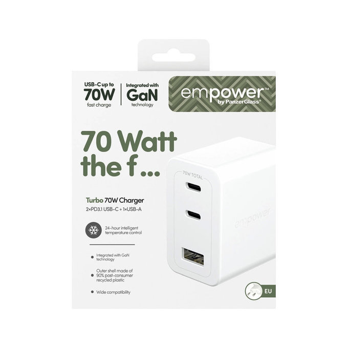 Adapter podróżny Grand Prix 2x USB-C/USB-A, GaN, 70 W PD, Srebrno-biały, PanzerGlass