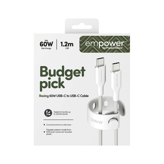 Kabel USB-C, 60 W, Racing, 1,2 m, srebrno-biały, PanzerGlass