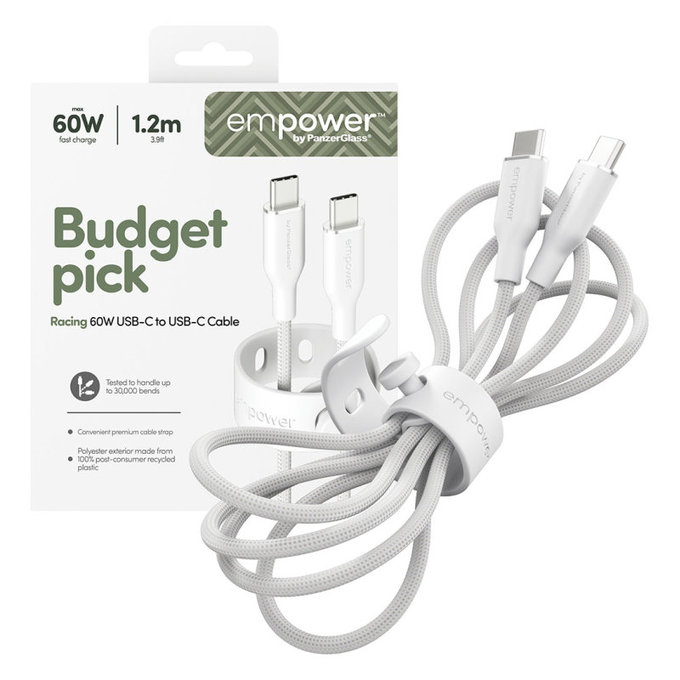 Kabel USB-C, 60 W, Racing, 1,2 m, srebrno-biały, PanzerGlass