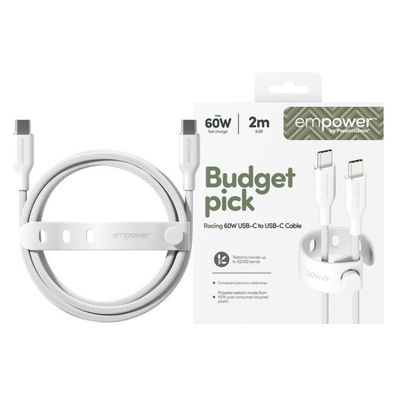 Kabel USB-C, 60 W, Racing, 2 m, Srebrno-biały, PanzerGlass