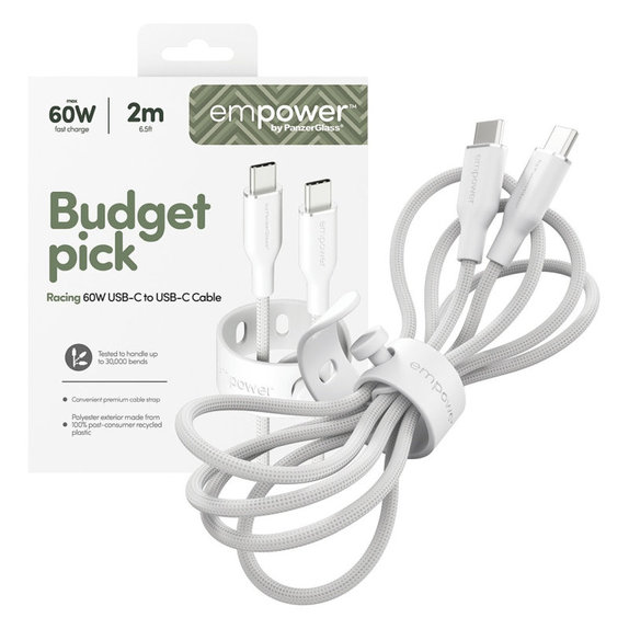Kabel USB-C, 60 W, Racing, 2 m, Srebrno-biały, PanzerGlass