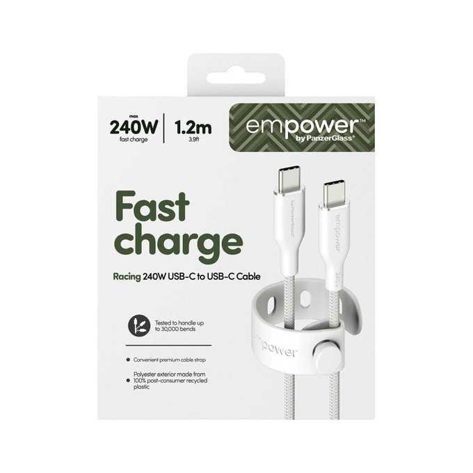 Kabel USB-C, 240 W, Racing, 1,2 m, srebrno-biały, PanzerGlass