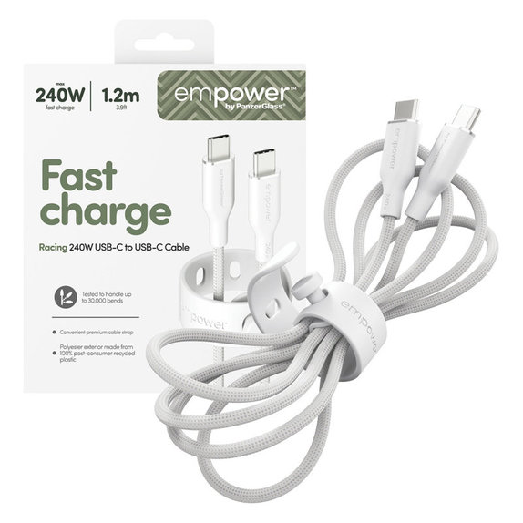 Kabel USB-C, 240 W, Racing, 1,2 m, srebrno-biały, PanzerGlass
