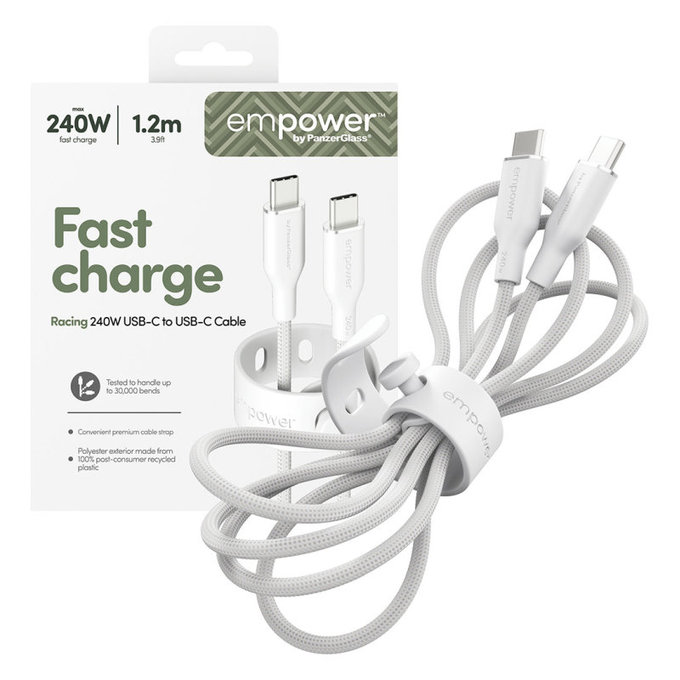 Kabel USB-C, 240 W, Racing, 1,2 m, srebrno-biały, PanzerGlass