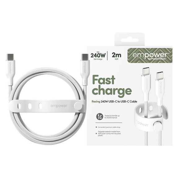 Kabel USB-C, 240 W, Racing, 2 m, Srebrno-biały, PanzerGlass