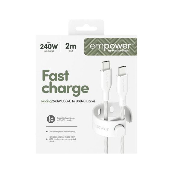 Kabel USB-C, 240 W, Racing, 2 m, Srebrno-biały, PanzerGlass