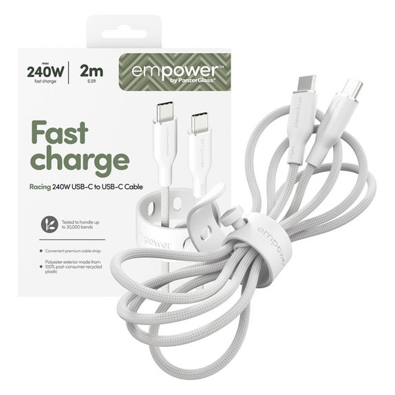 Kabel USB-C, 240 W, Racing, 2 m, Srebrno-biały, PanzerGlass