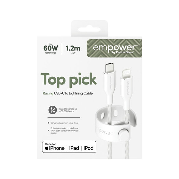 Kabel USB-C/Lightning, 60 W, Racing, 1, 2 m, Srebrno-biały, PanzerGlass