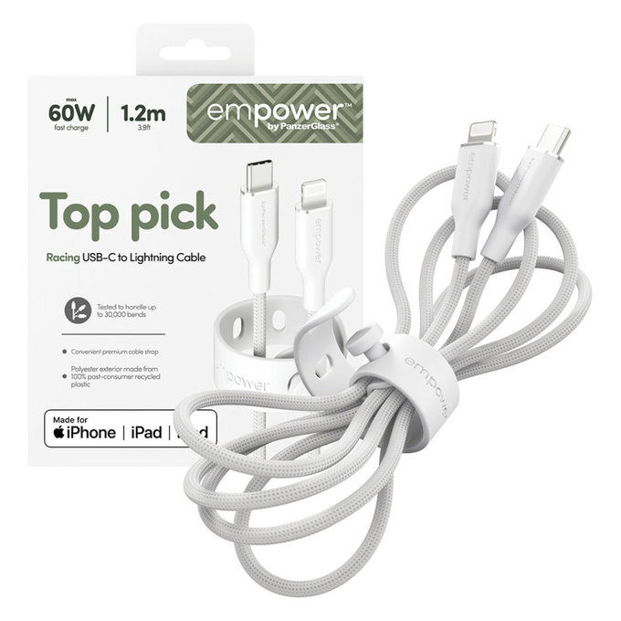 Kabel USB-C/Lightning, 60 W, Racing, 1, 2 m, Srebrno-biały, PanzerGlass