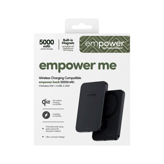 Bezprzewodowy PowerBank 5000 mAh, 20 W, kompatybilny z MagSafe, Qi2/USB-C, Space Black, empower