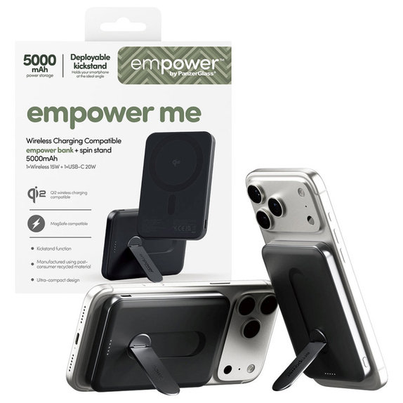 Bezprzewodowy PowerBank 5000 mAh z obrotową podstawką, 20 W, kompatybilny z MagSafe, Qi2/USB-C, Space Black, empower