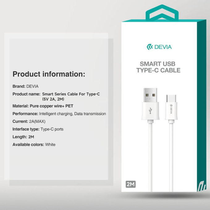 Kabel USB / USB-C Smart, 2.1A, 2m, biały, Devia